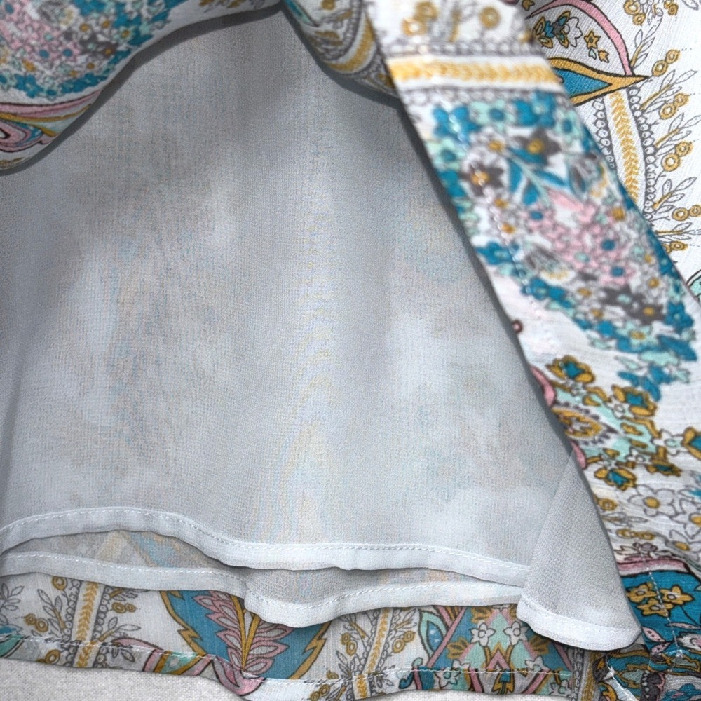 LOFT Paisley Floral Tie Neck Blouse Blue Pink Teal Size XL Sheer‎ Feminine Boho - Picture 8 of 9